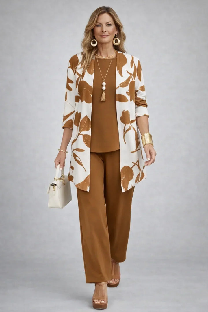 Henrietta | Ensemble Trois Pièces Caramel à Imprimé Feuilles