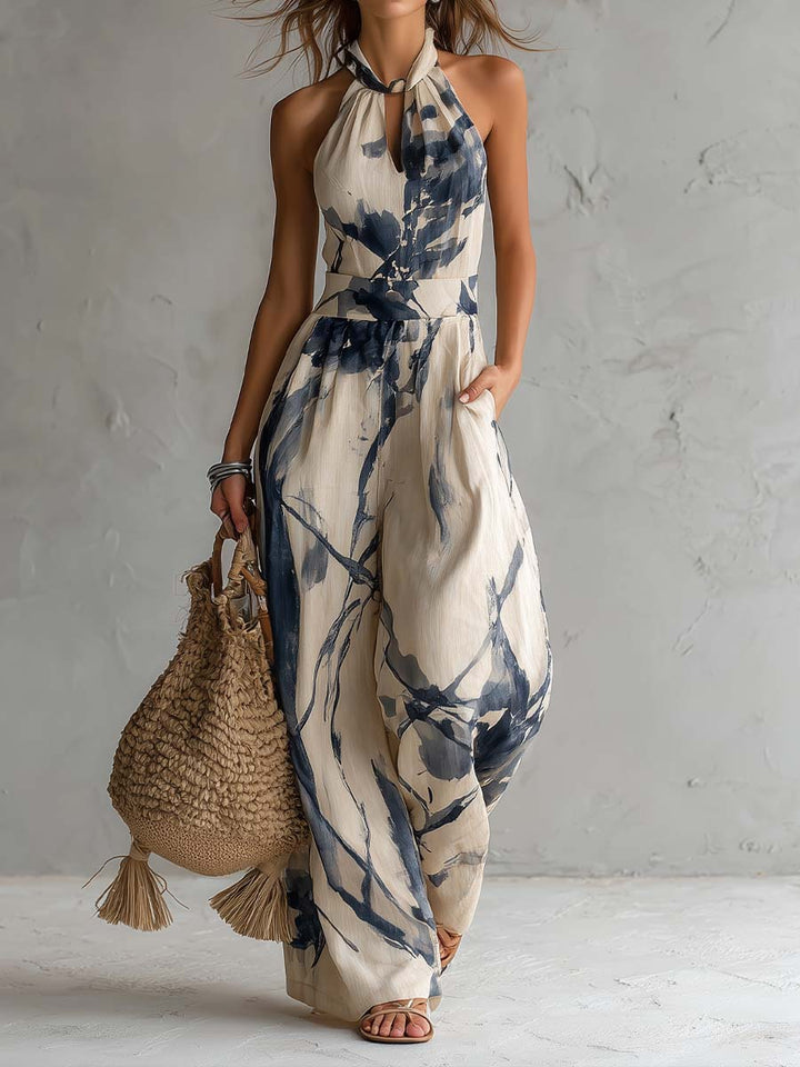 Combinaison à Col Halter et Jambes Larges, Imprimé Encre, avec Poches