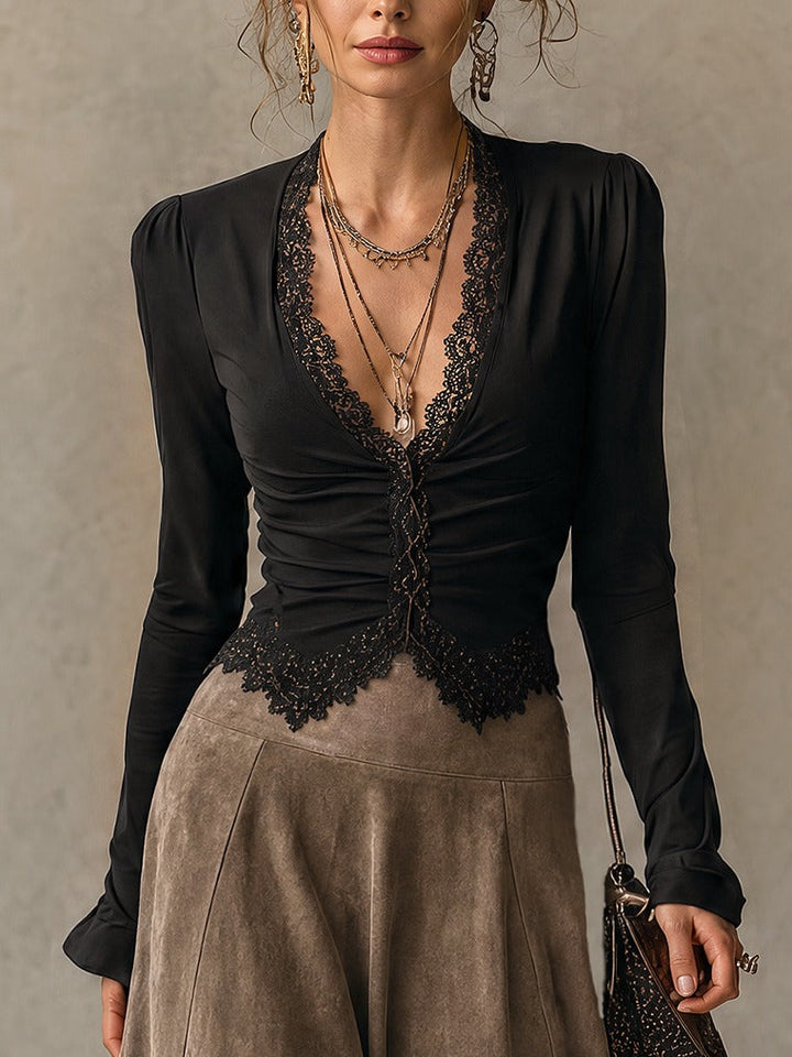 Albane | Ensemble Top en Dentelle et Jupe Maxi Suédine, Noir et Taupe