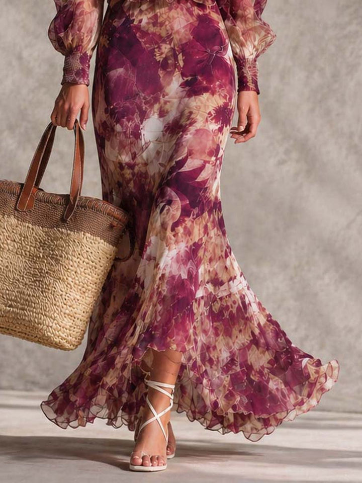 Rosanne™ | Robe Maxi en Mousseline, Épaules Dénudées, Rose Pâle Fleurie