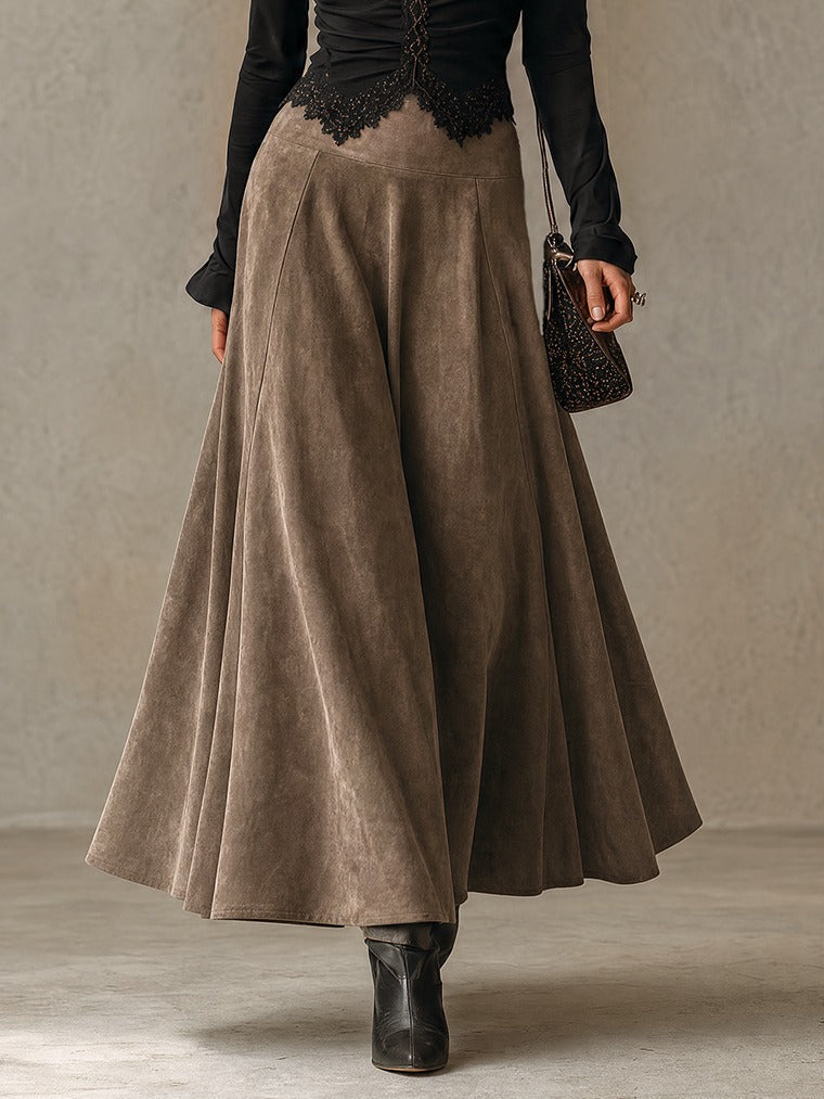 Albane | Ensemble Top en Dentelle et Jupe Maxi Suédine, Noir et Taupe