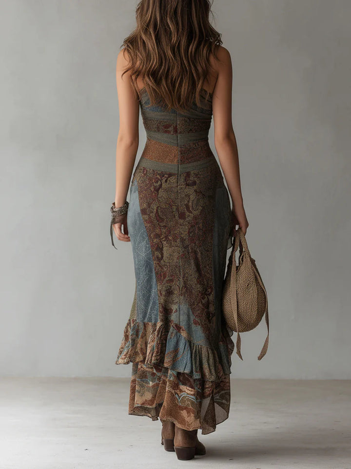 Robe Longue à Imprimé Ethnique, Épaule Asymétrique et Fente Haute