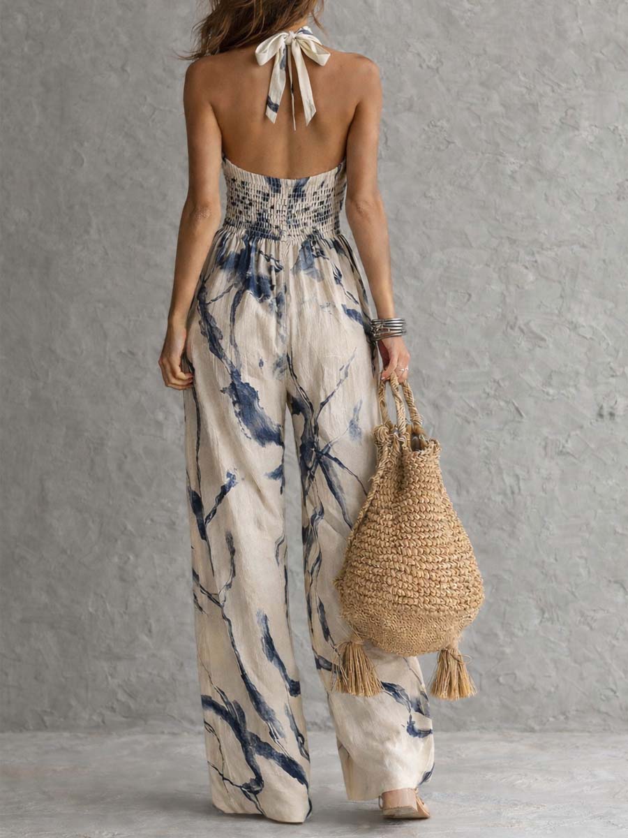 Combinaison à Col Halter et Jambes Larges, Imprimé Encre, avec Poches