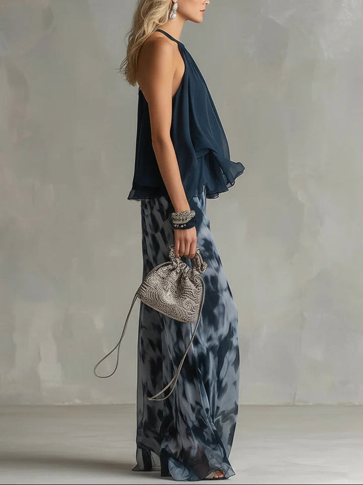 Ensemble Haut Dos Nu Bleu Marine et Pantalon Large Imprimé en Mousseline