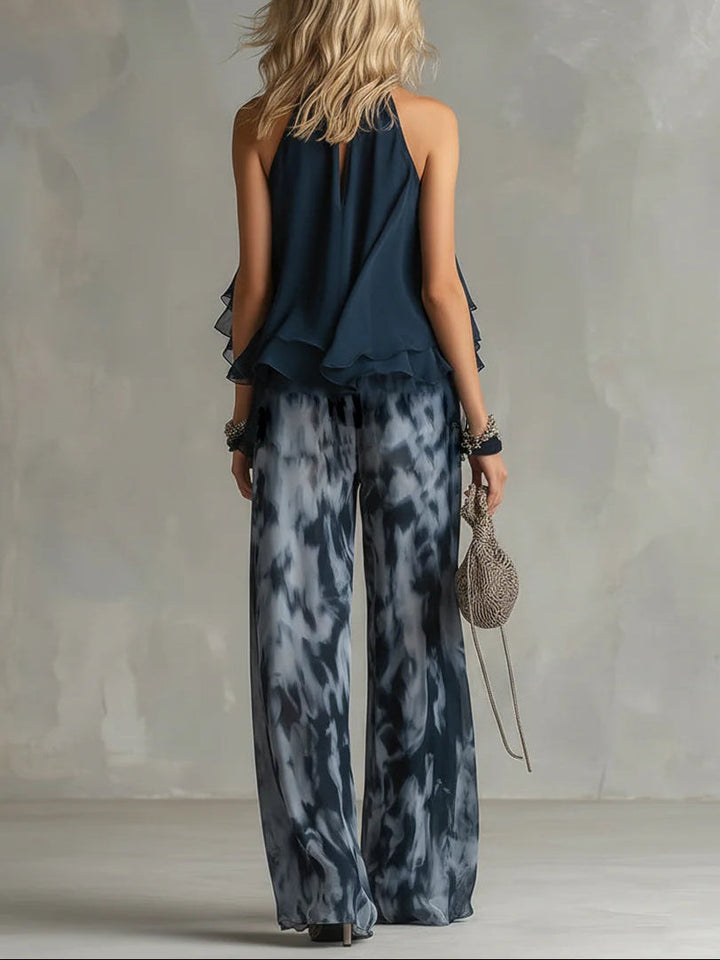 Ensemble Haut Dos Nu Bleu Marine et Pantalon Large Imprimé en Mousseline