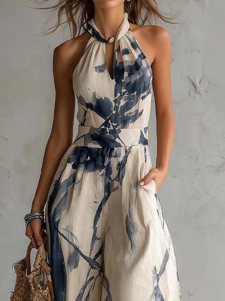 Combinaison à Col Halter et Jambes Larges, Imprimé Encre, avec Poches