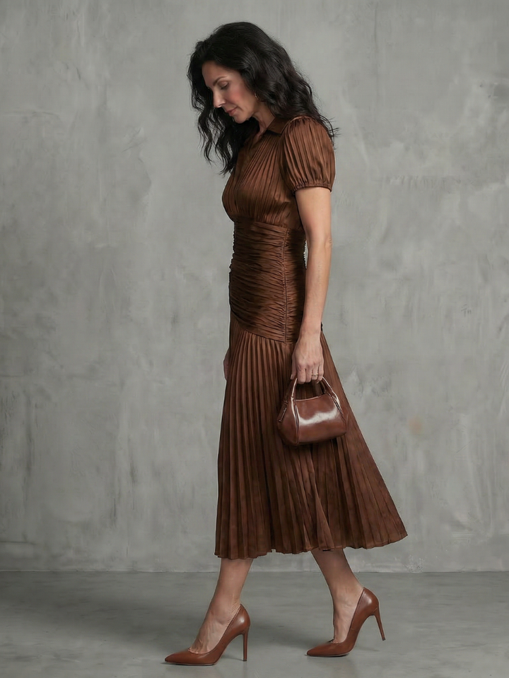 Theodora | Robe Midi Rayée à Taille Plissée
