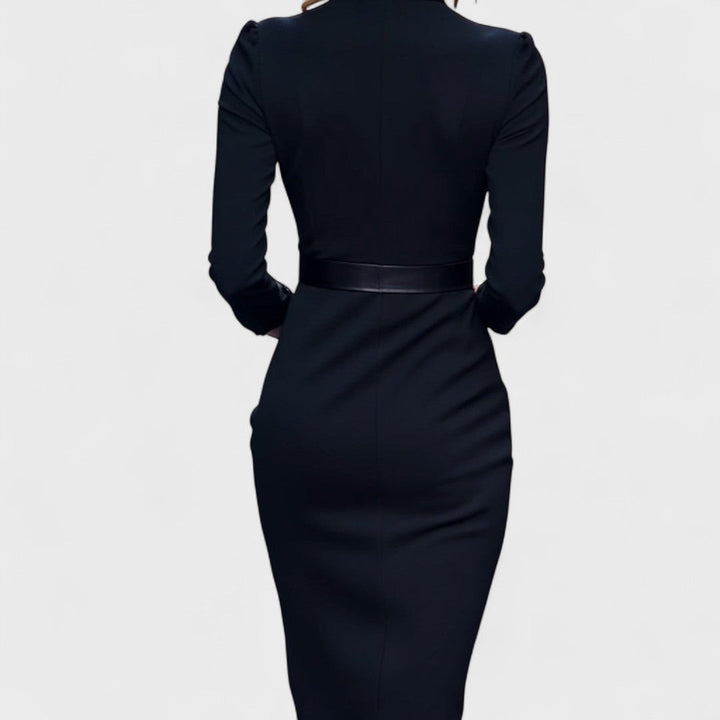 Robe Élégante Femme avec Ceinture et Col Mao