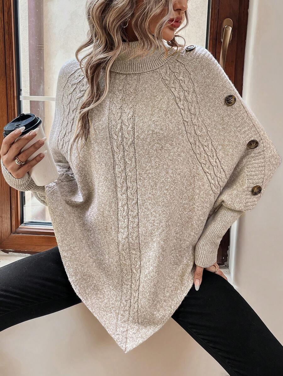 Alexis | Pull Poncho à Col Montant et Manches Chauve-Souris en Maille Torsadée