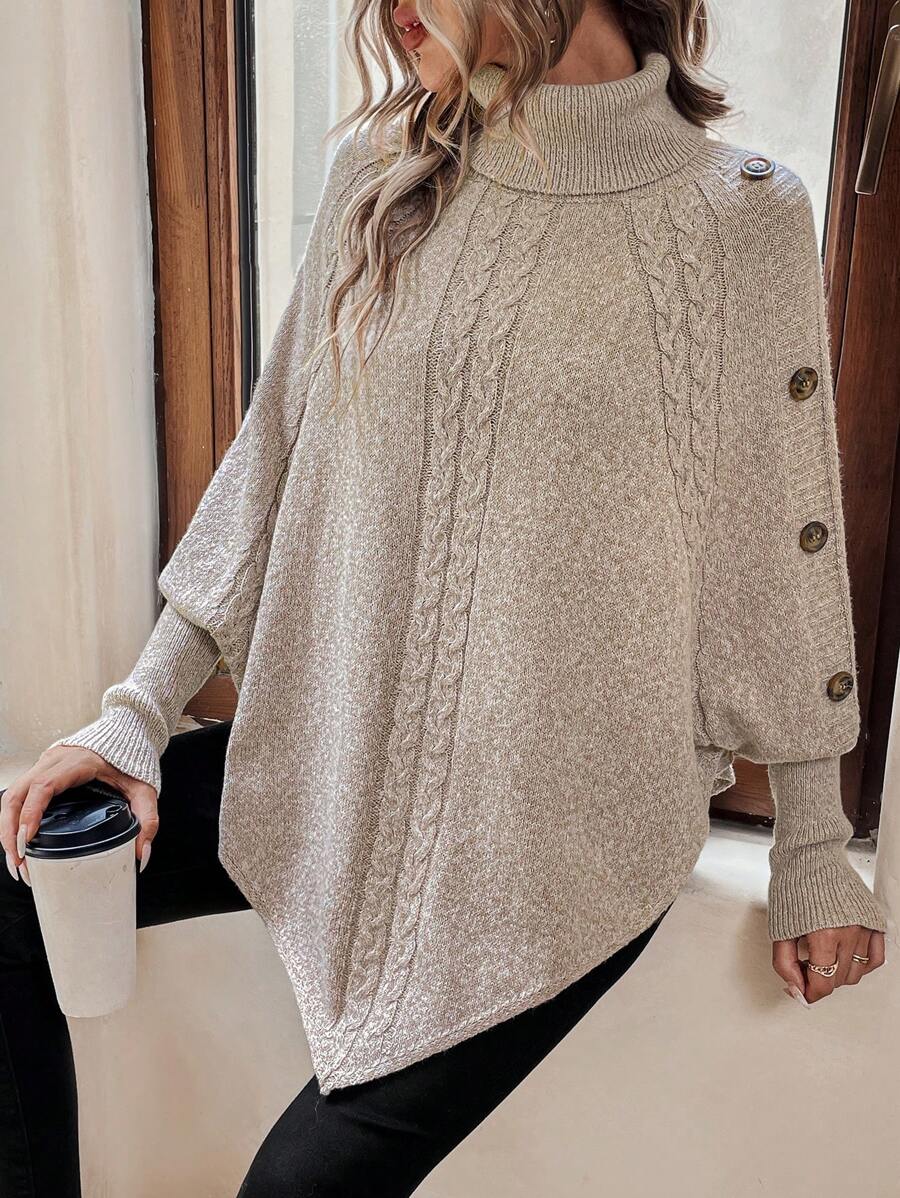 Alexis | Pull Poncho à Col Montant et Manches Chauve-Souris en Maille Torsadée