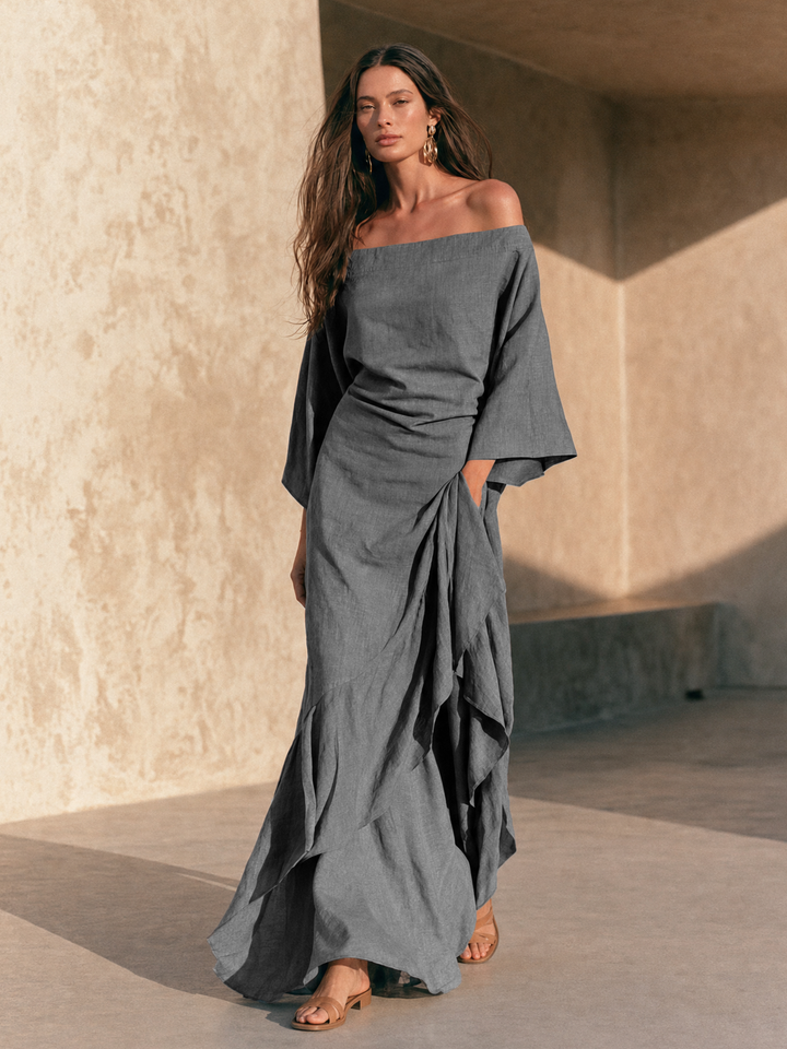 Aure | Robe Maxi Minimaliste Épaules Dénudées à Ourlet Volanté et Manches Évasées