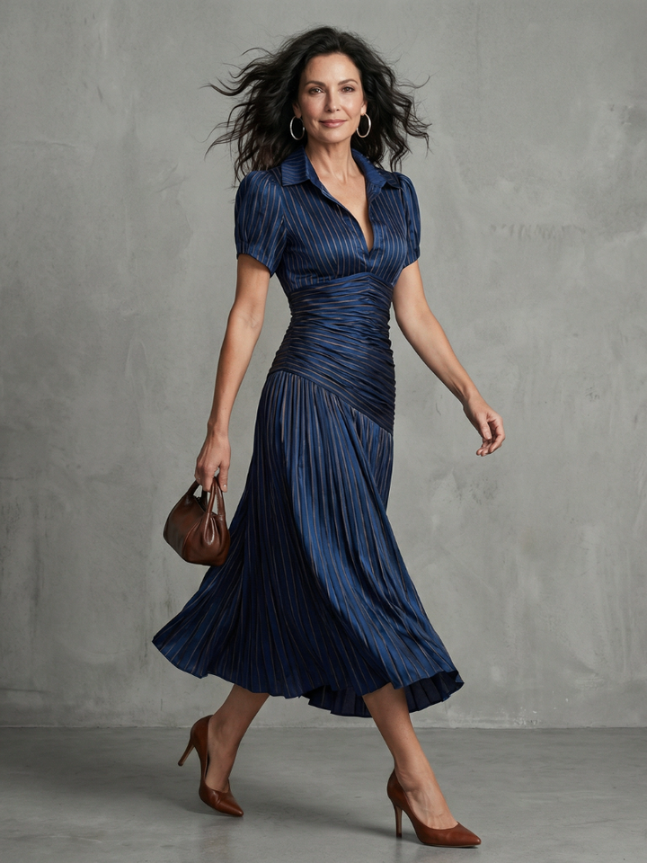 Theodora | Robe Midi Rayée à Taille Plissée