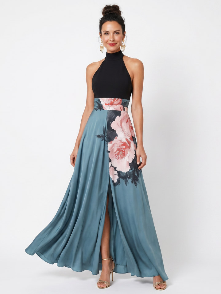 Olympas | Robe Longue à Col Halter et Jupe Fleurie
