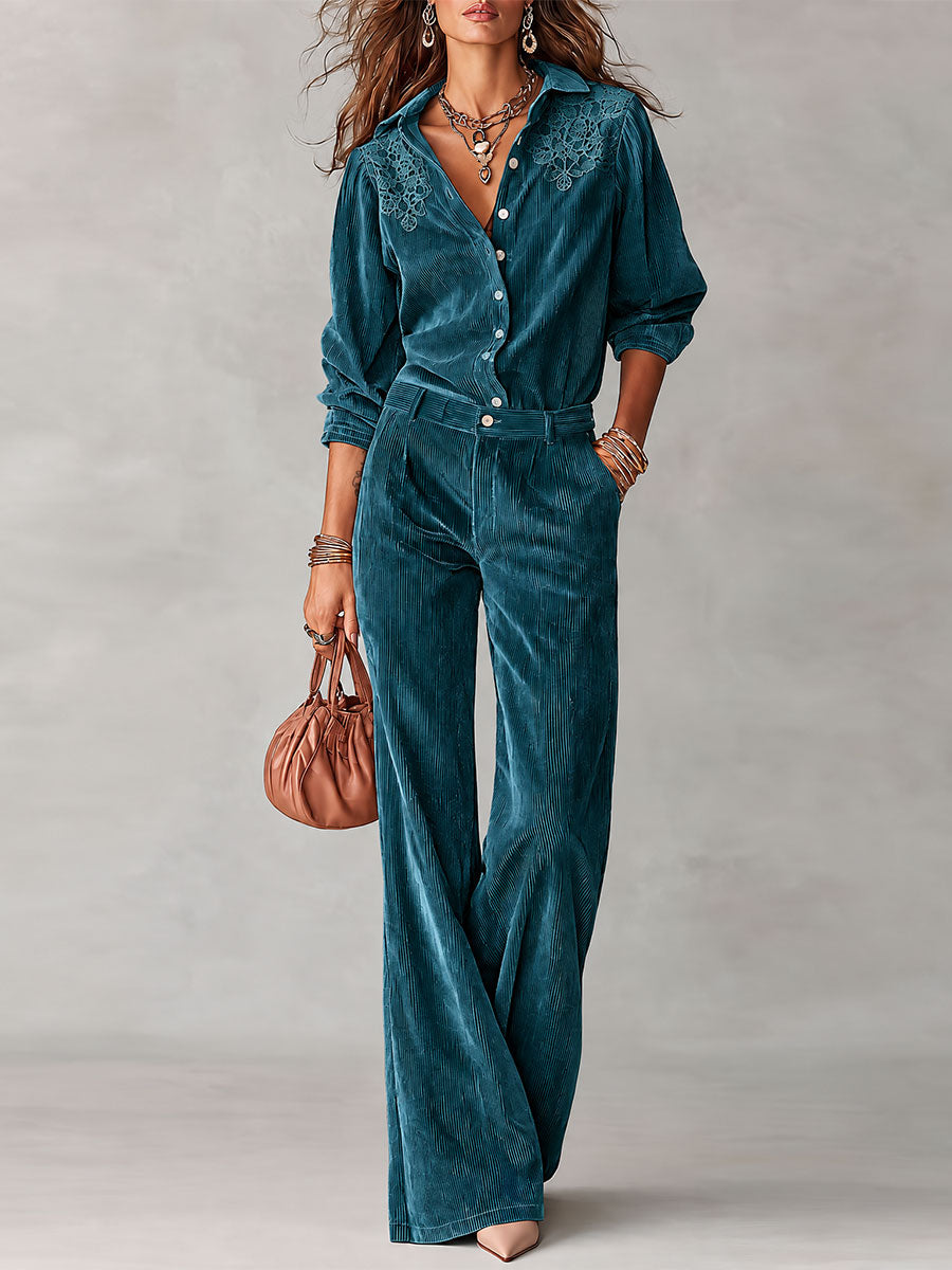 Ensemble Bohème Chemise en Velours Côtelé à Dentelle et Pantalon Large