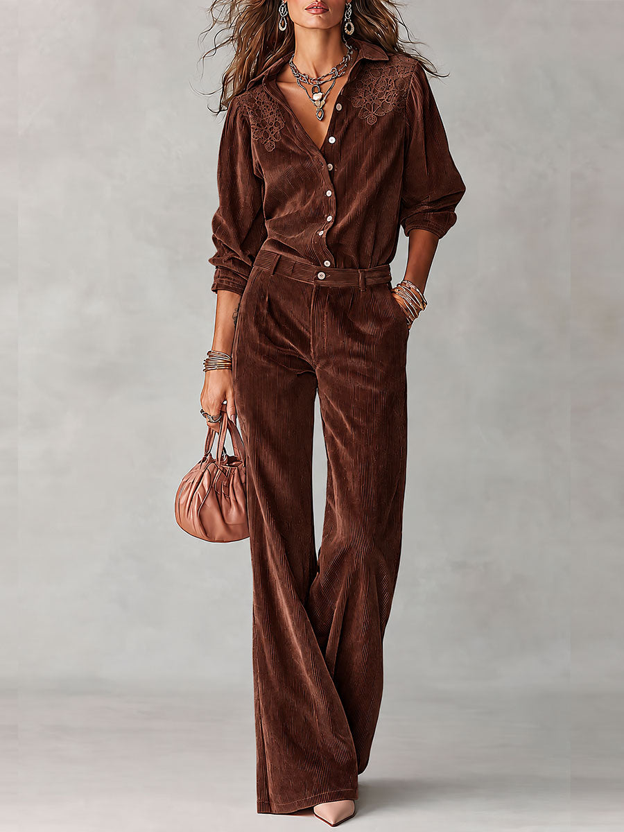 Ensemble Bohème Chemise en Velours Côtelé à Dentelle et Pantalon Large