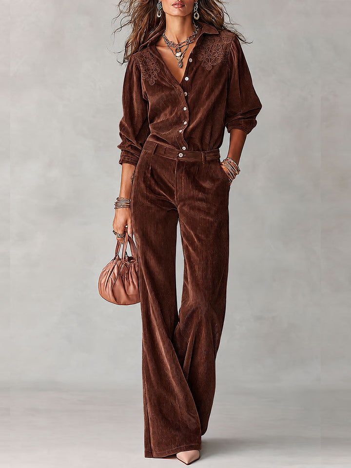 Ensemble Bohème Chemise en Velours Côtelé à Dentelle et Pantalon Large