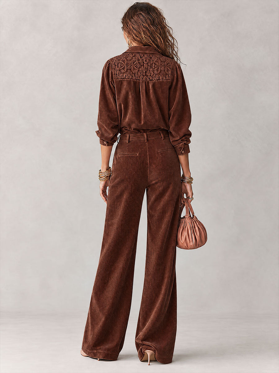 Ensemble Bohème Chemise en Velours Côtelé à Dentelle et Pantalon Large