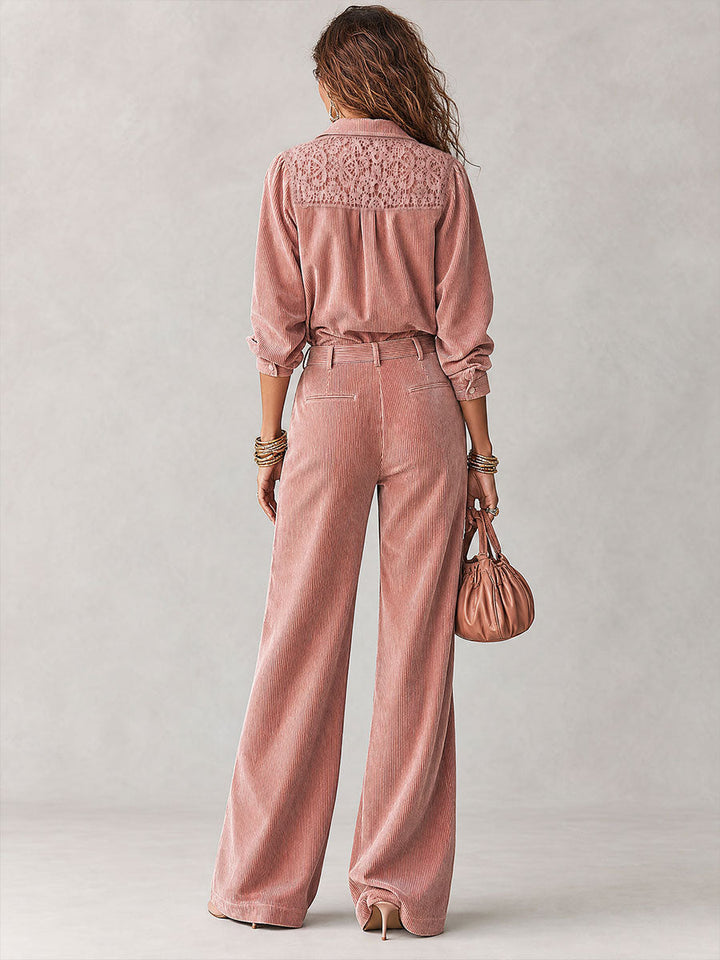 Ensemble Bohème Chemise en Velours Côtelé à Dentelle et Pantalon Large