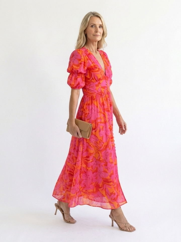 Willow | Robe Midi Fleurie à Col en V et Manches Bouffantes