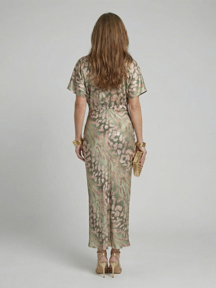 Coralie | Robe Midi Imprimé Abstrait à Col V et Taille Drapée