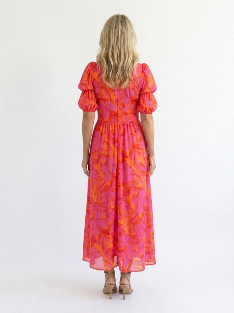 Willow | Robe Midi Fleurie à Col en V et Manches Bouffantes