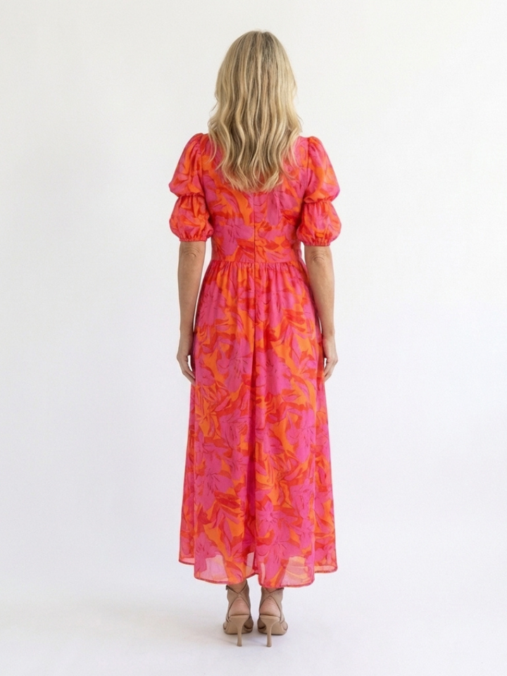 Willow | Robe Midi Fleurie à Col en V et Manches Bouffantes