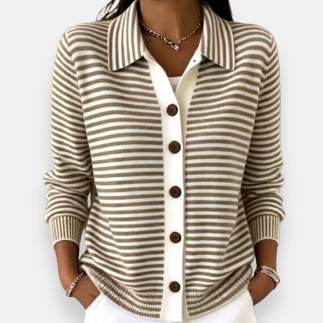 Richelle | Cardigan Rayé en Coton – Marron