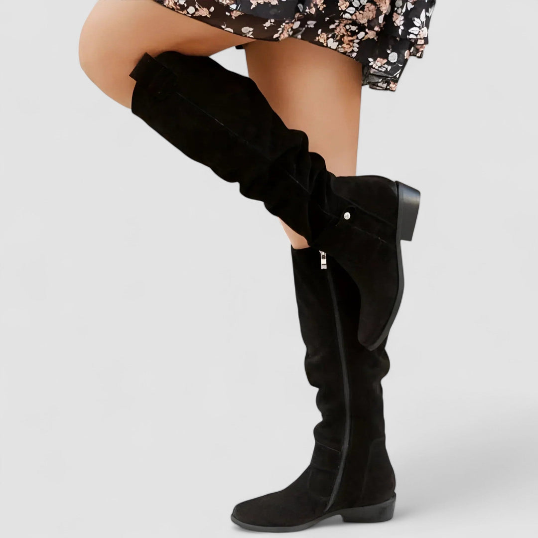 Charlotte – Bottes Hautes Effet Daim à Talon Bas