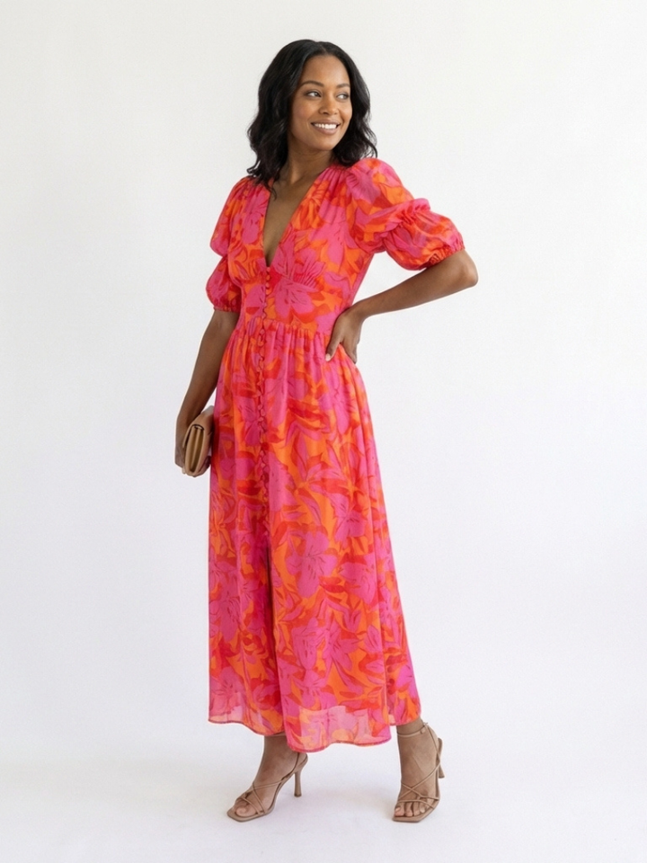 Willow | Robe Midi Fleurie à Col en V et Manches Bouffantes