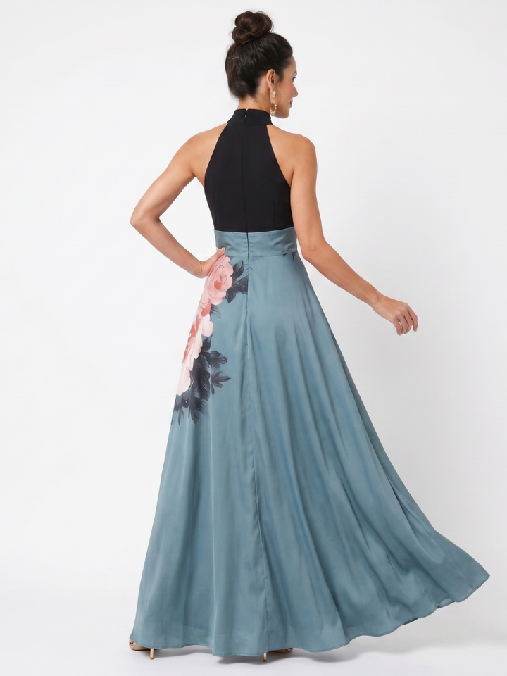 Olympas | Robe Longue à Col Halter et Jupe Fleurie