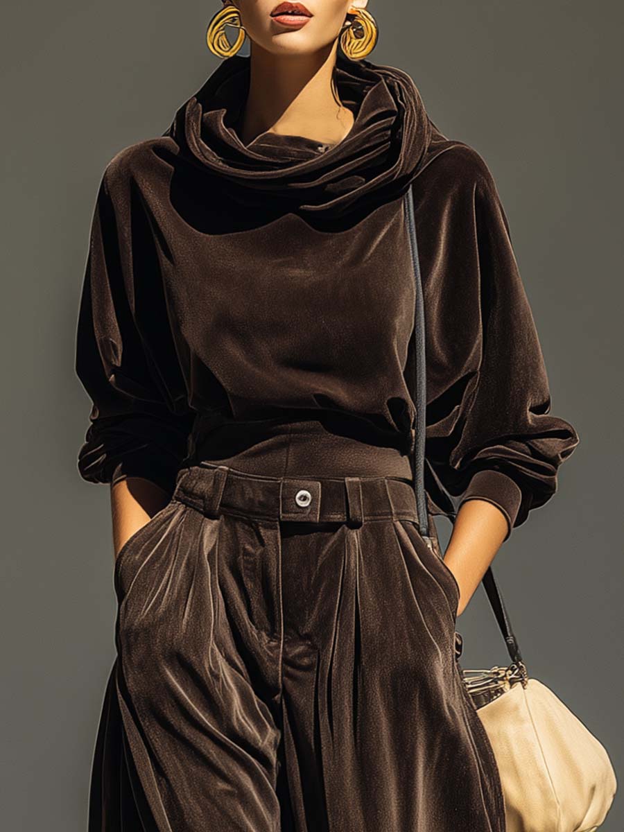 Ensemble Vintage en Velours Sweat à Capuche et Pantalon Ample (Ceinture Incluse)