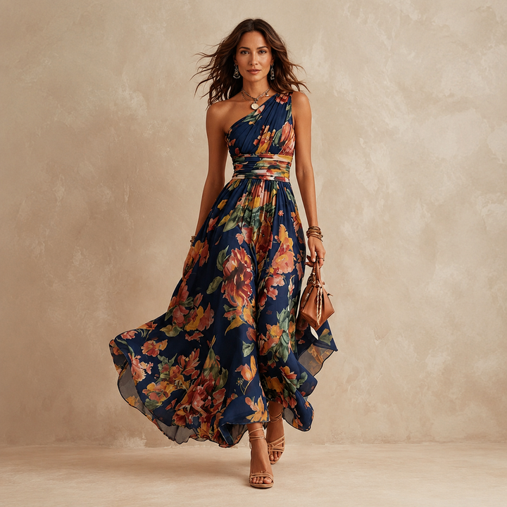 Celeste | Robe Longue Fleurie à Épaule Asymétrique