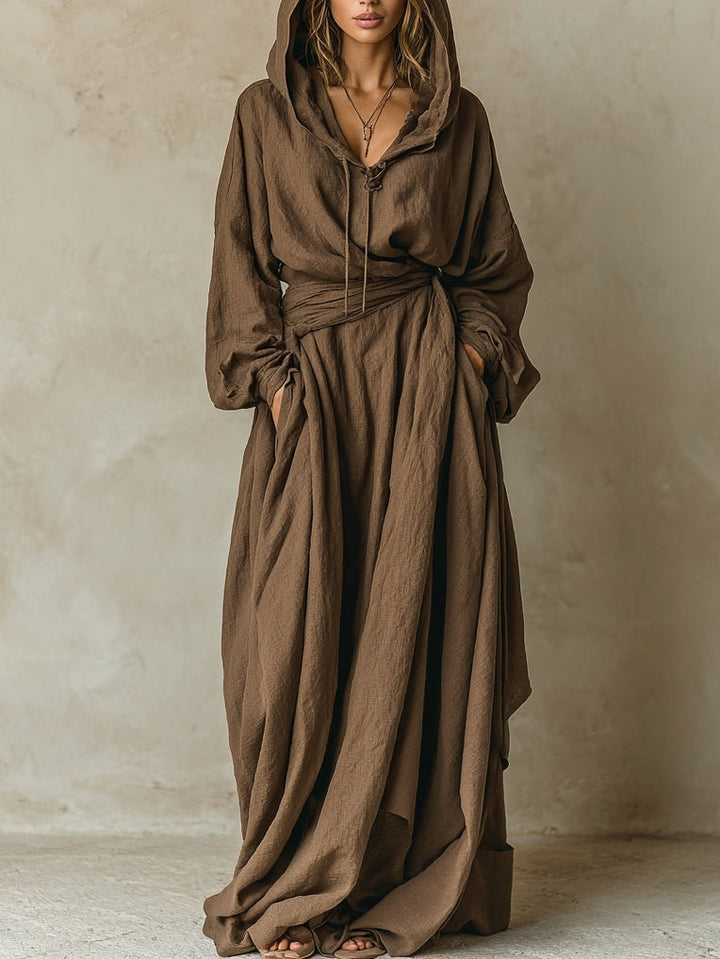Robe Longue Ample à Capuche Marron