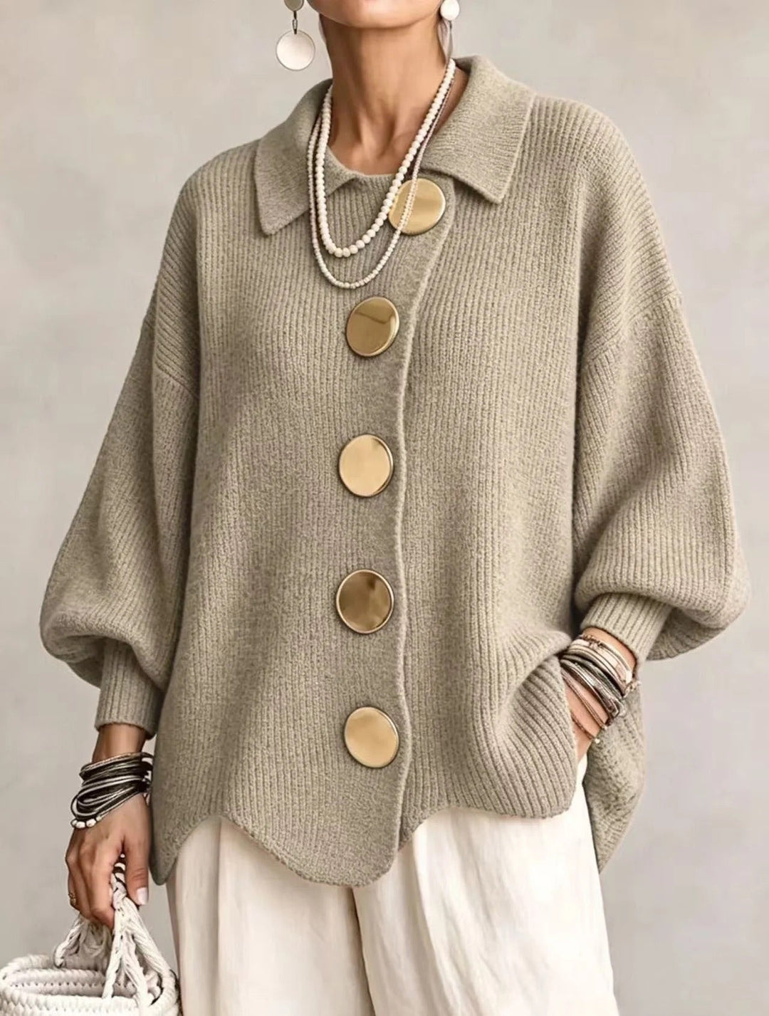 Karina | Cardigan Oversize à Col et Boutons – Kaki