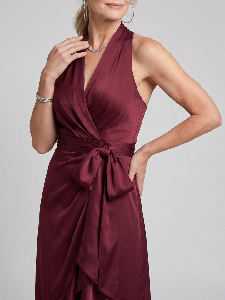 Honora | Robe Midi Portefeuille à Col Halter et Ourlet Asymétrique