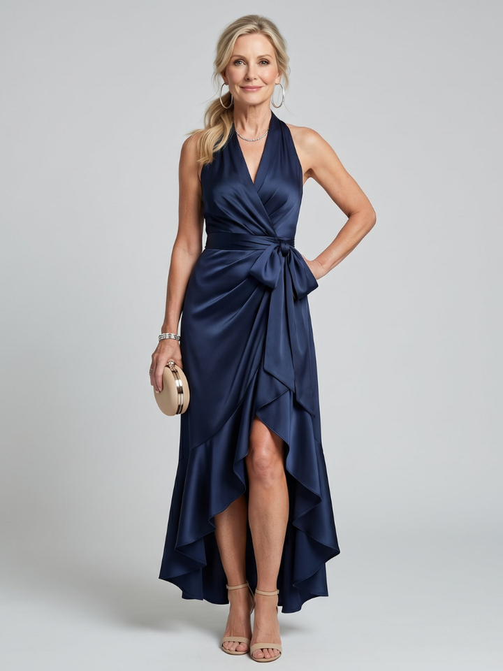 Honora | Robe Midi Portefeuille à Col Halter et Ourlet Asymétrique