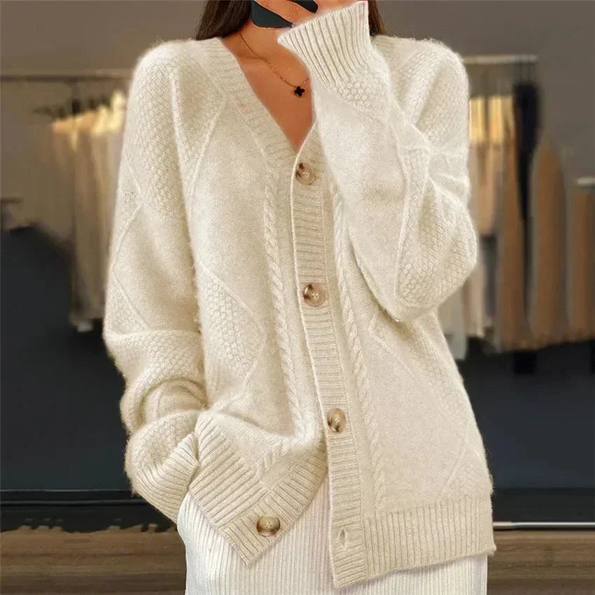 Aaliyah | Cardigan Boutonné Col V à Motif Losanges
