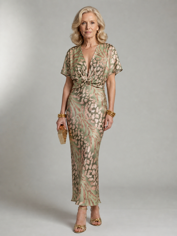Coralie | Robe Midi Imprimé Abstrait à Col V et Taille Drapée