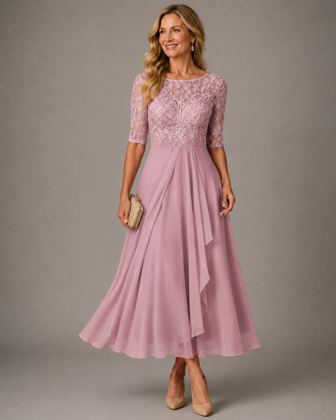 Rose Robe Midi en Dentelle