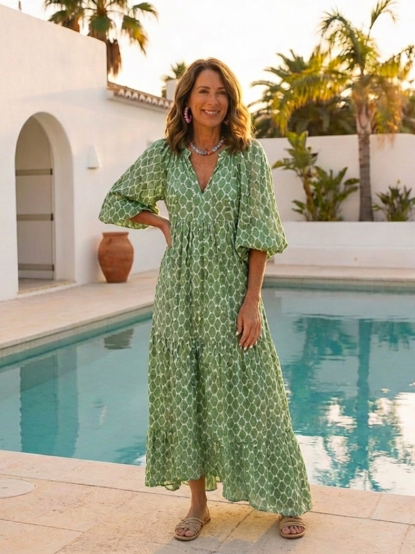 Apolline | Robe Midi Imprimée à Manches 3/4 et Col en V