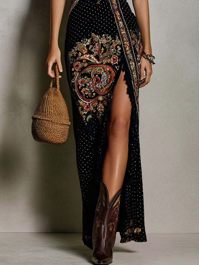 Robe Bohème Imprimée à Décolleté en V Profond et Fente Haute