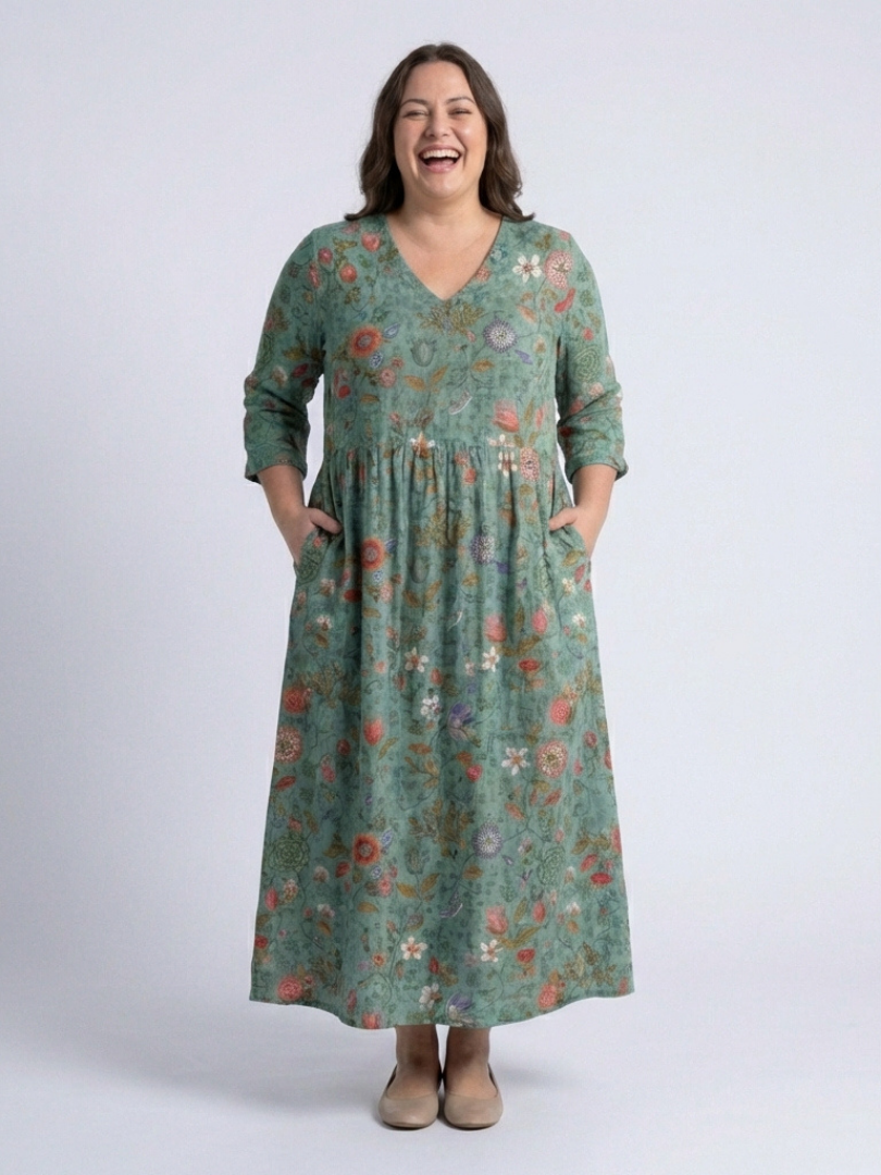 Marina | Robe Longue Fleurie à Col en V et Manches 3/4