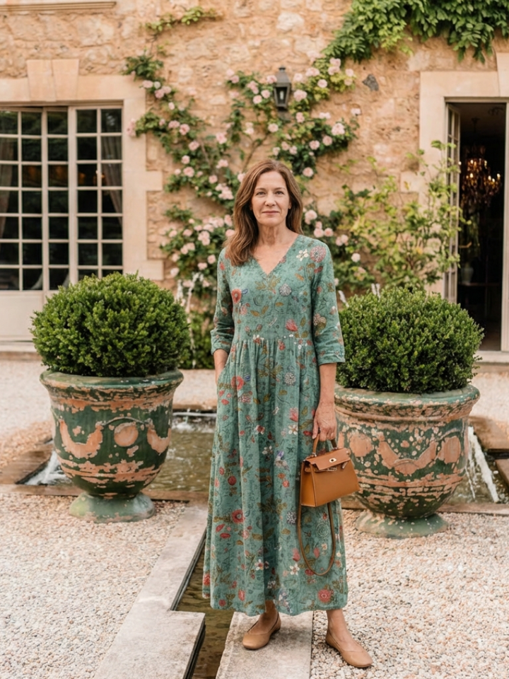 Marina | Robe Longue Fleurie à Col en V et Manches 3/4