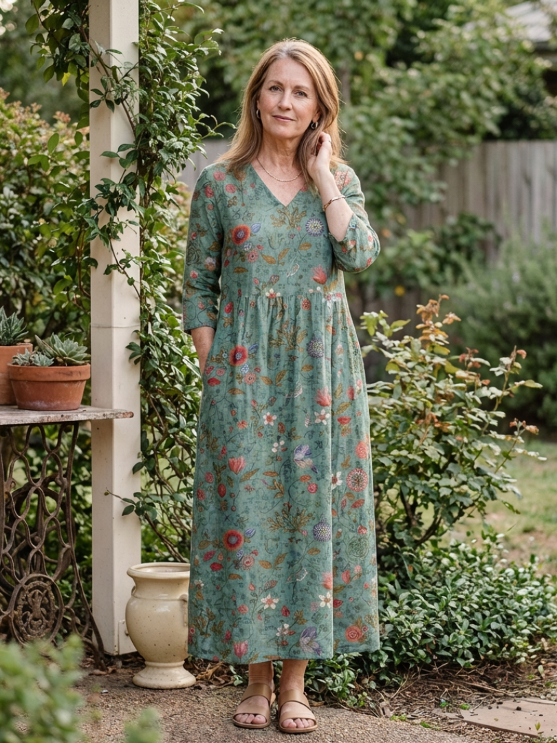 Marina | Robe Longue Fleurie à Col en V et Manches 3/4
