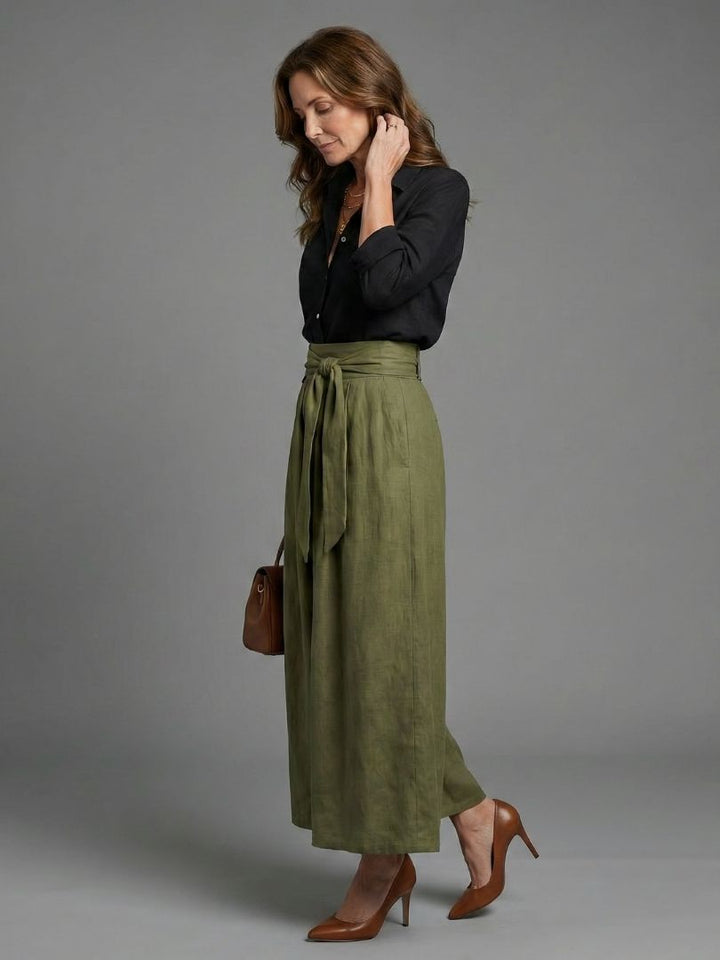 Vera | Ensemble Blouse Noire et Jupe Midi Vert Olive