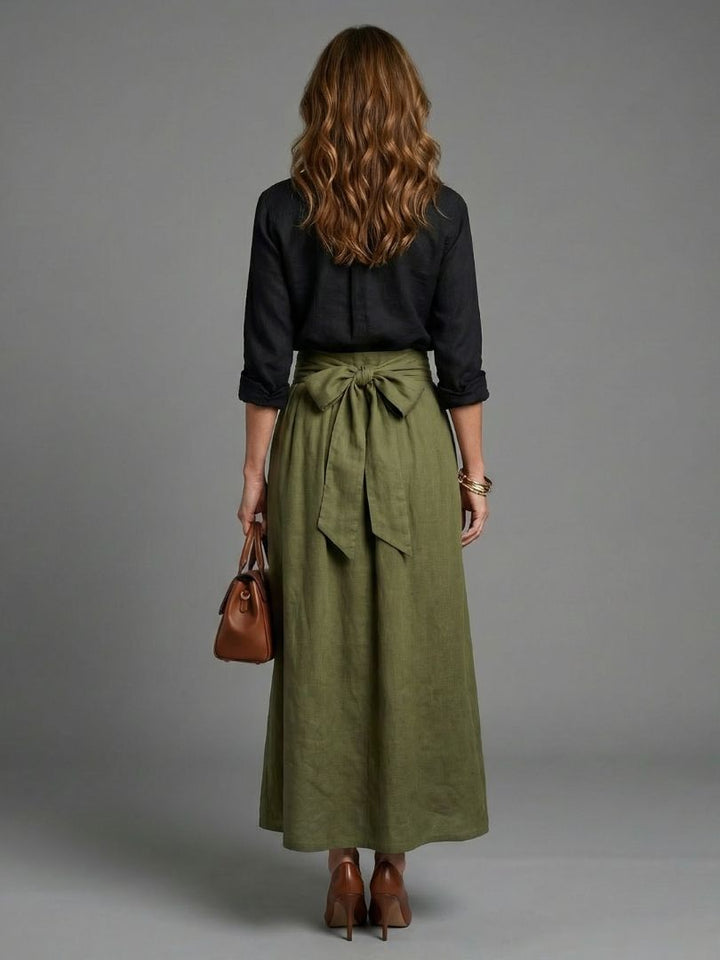 Vera | Ensemble Blouse Noire et Jupe Midi Vert Olive
