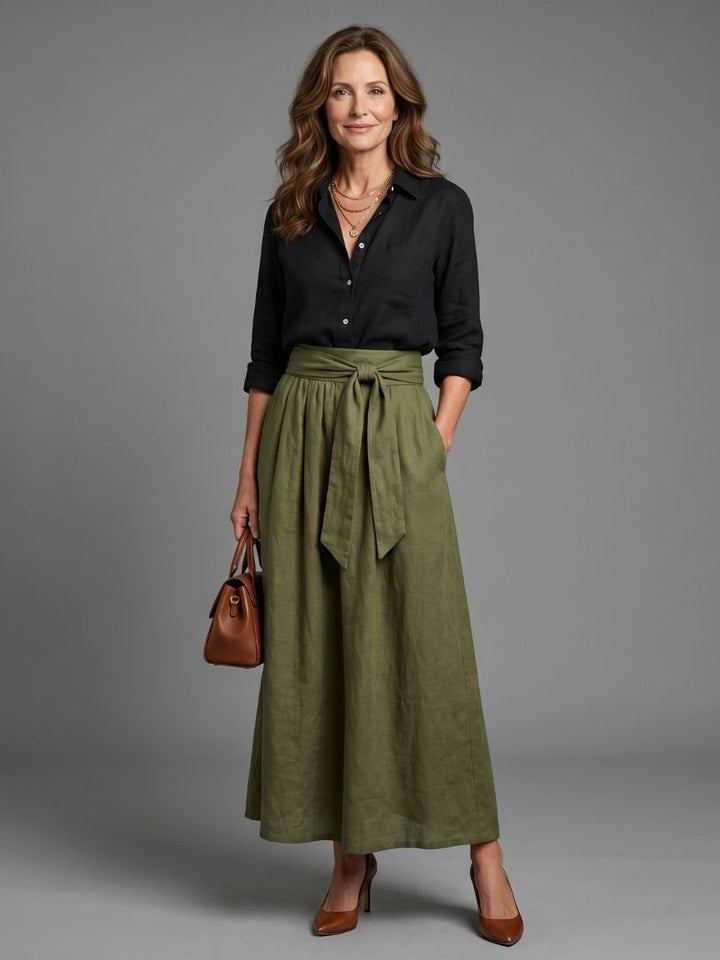 Vera | Ensemble Blouse Noire et Jupe Midi Vert Olive