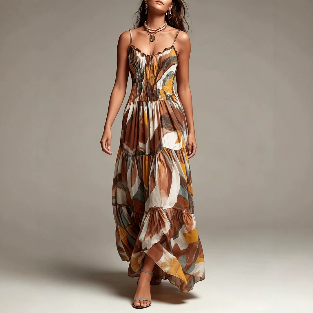 Robe Longue Smockée à Volants Étagés, Imprimé Abstrait