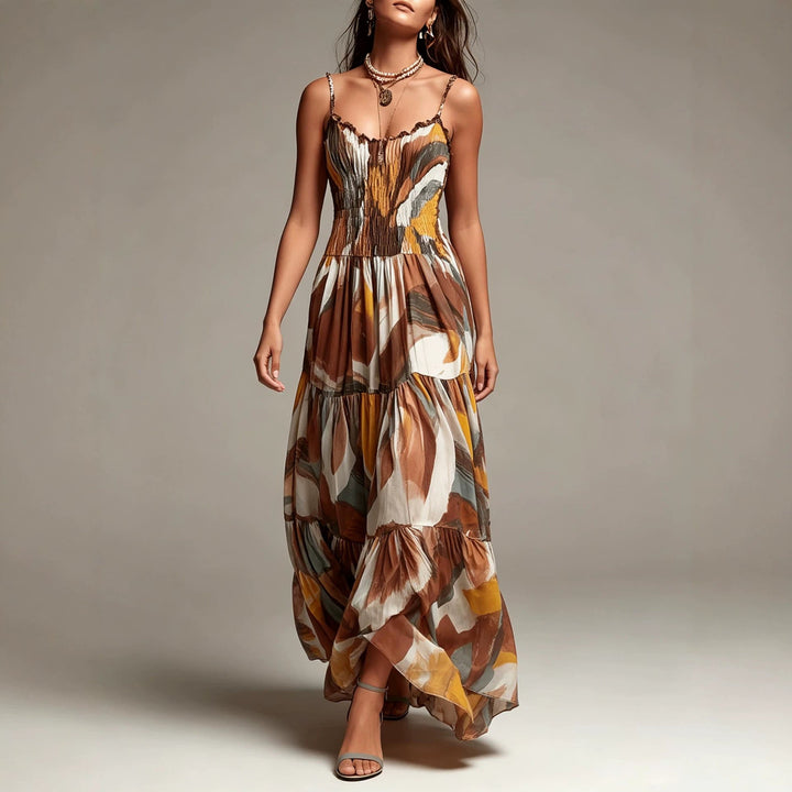 Robe Longue Smockée à Volants Étagés, Imprimé Abstrait