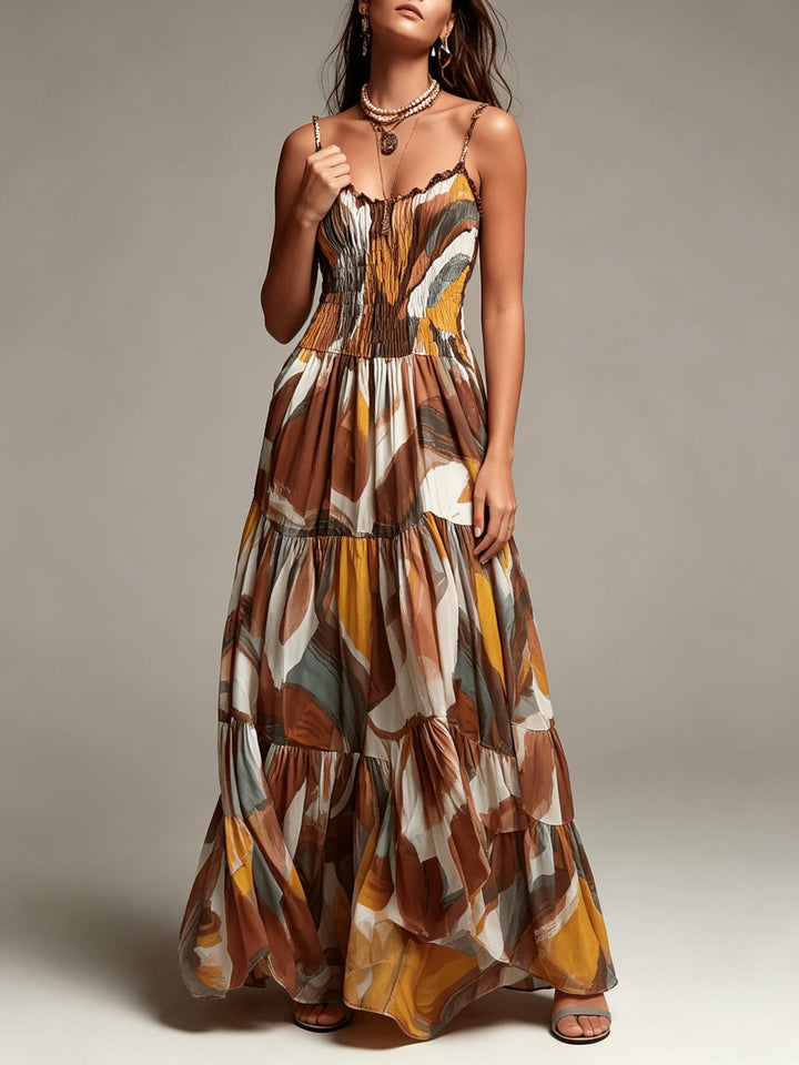 Robe Longue Smockée à Volants Étagés, Imprimé Abstrait